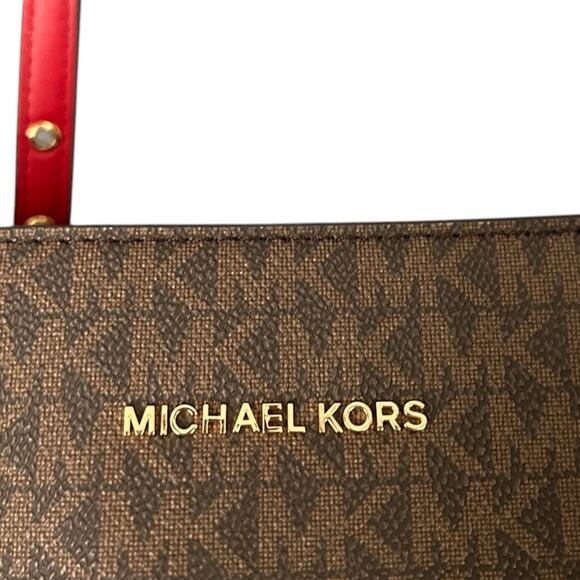 Michael Kors Voyager East West Large Saffiano Leather Tote Crimson Colorblock - Picture 2 of 12